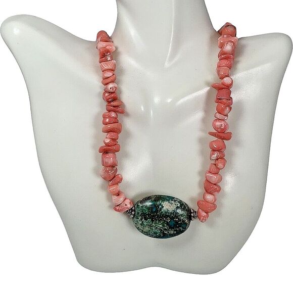 Pink Coral Chunky Turquoise Pendant Necklace 19" 925 Sterling Silver Boho - Picture 5 of 16
